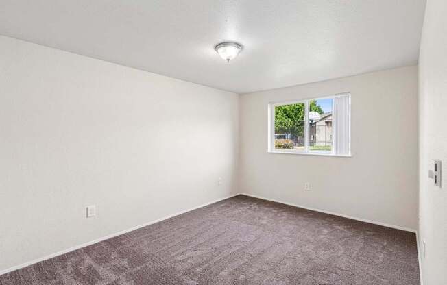 A room with a carpeted floor and a window showing a view of a house.