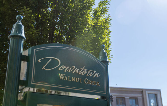 a downtown sign in front of a tree