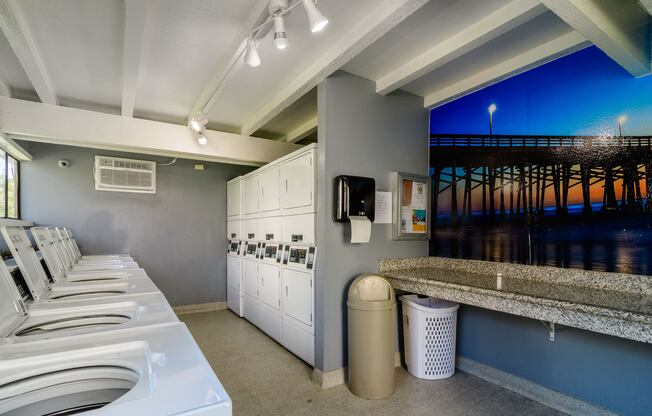 A row of washing machines in a public laundromat.