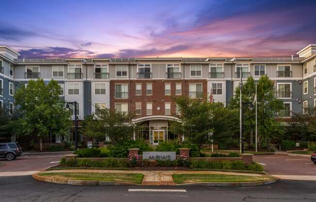 Exterior view of building at sunset