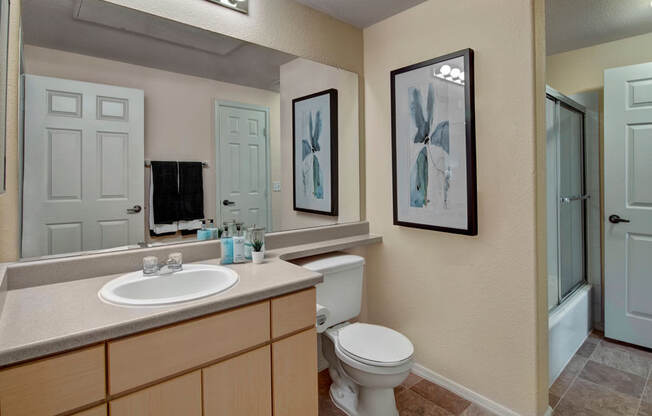 A bathroom with a toilet, sink, and mirror.