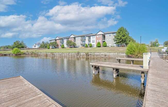 View of the dock going over the pond at Ultris Island Park in Shreveport, LA