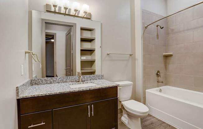 Pet-Friendly Apartments in Nashville, TN- Octave Apartments- bathroom with granite countertops cabinet space and beautifully lit vanity