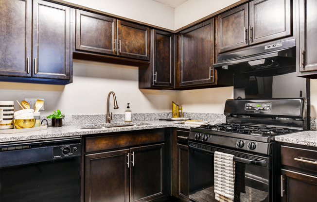 Kitchen in a 1-bed, 1-bath apartment at Ashton Brook, featuring a gas stove, sink, and cabinets.