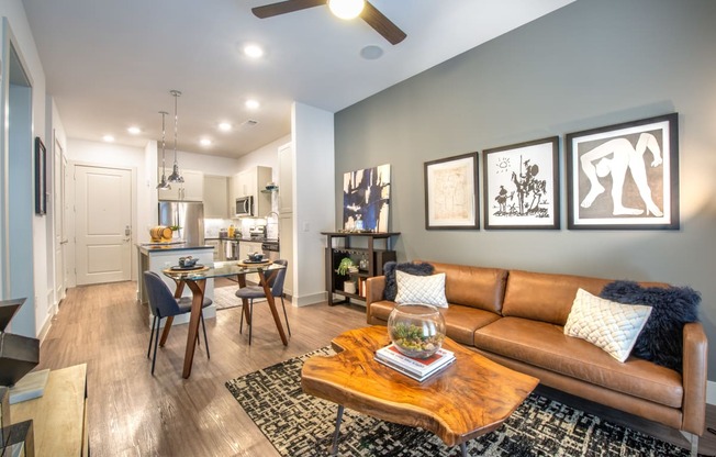 Interior of apartment facing the kitchen and dining area from the living room