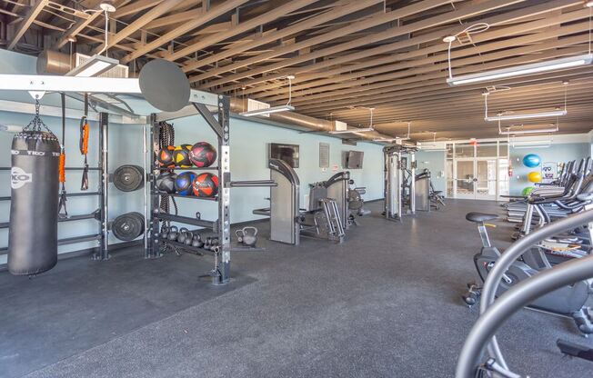 free weights at Ascent Jones Apartments in Huntsville, Alabama