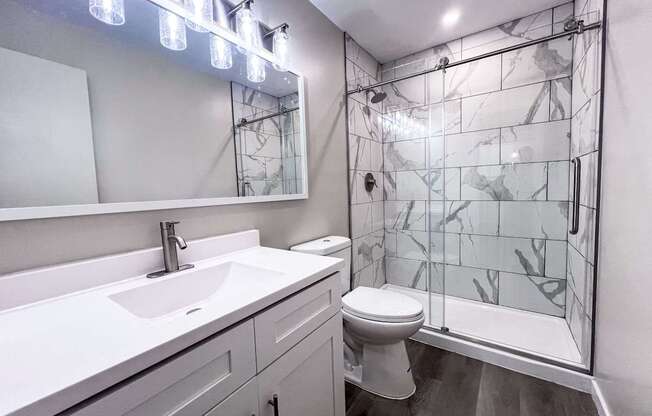 a bathroom with a shower and a sink and a toilet