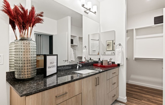 a bathroom with a vanity with a sink and a mirror