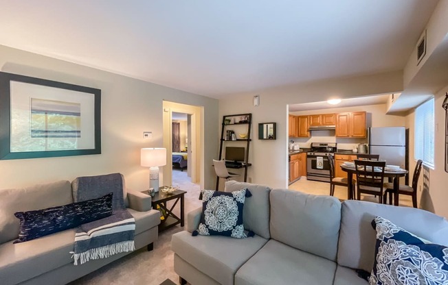 model apartment living space with couch and kitchen in background