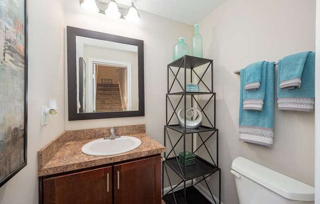 a bathroom with a sink and a mirror and a towel rack