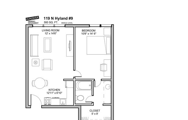 1 bed, 1 bath, 593 sqft, $890, Unit 9