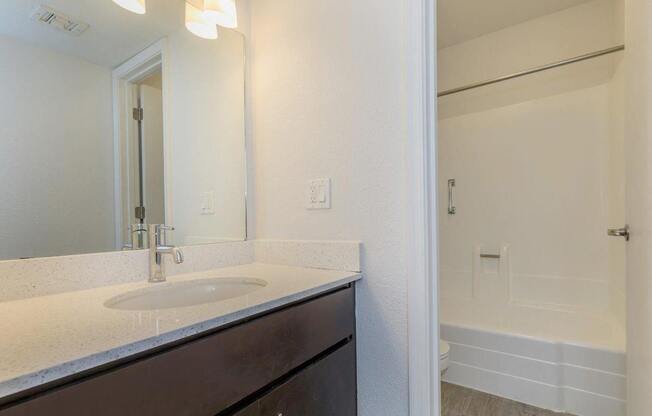 A bathroom with a sink, mirror, and bathtub.