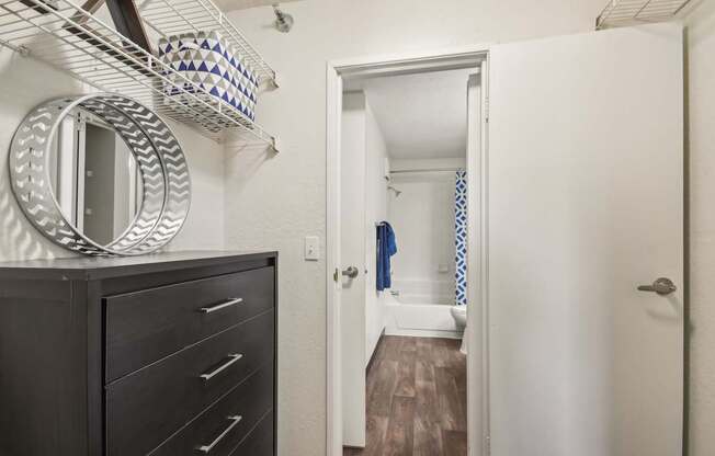A bathroom with a wooden floor and a white door.