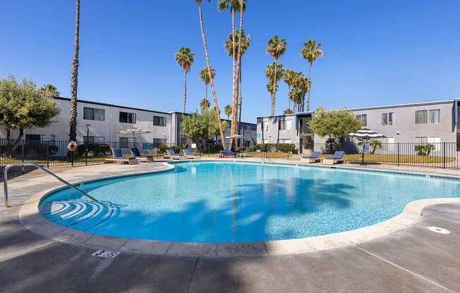 A swimming pool surrounded by palm trees and apartment buildings.