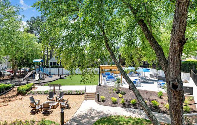 A playground with a slide and a play area.