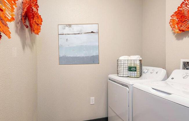 a washer and dryer in a room with a painting on the wall