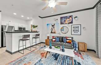 A modern kitchen with a bar area and a living room area with a couch and a rug.