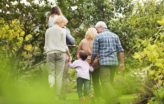 a group of people walking through a garden