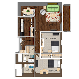 2 beds, 2 baths, 1,000 sqft, $1,295