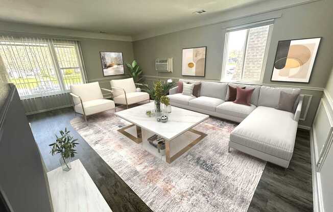 A living room with a white couch, a coffee table, and a rug.