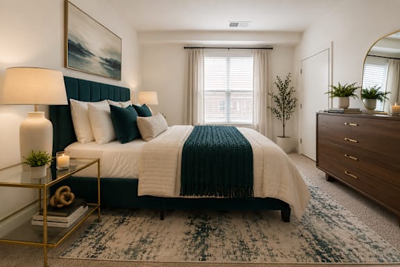 A bedroom with a large bed and a nightstand.