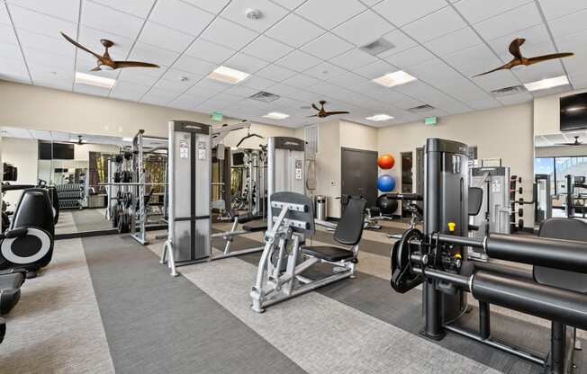 a large fitness room with cardio equipment and weights
