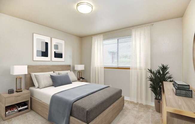 A bedroom with a bed, nightstand, and a plant.