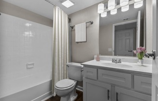 a bathroom with a toilet sink and shower and a mirror