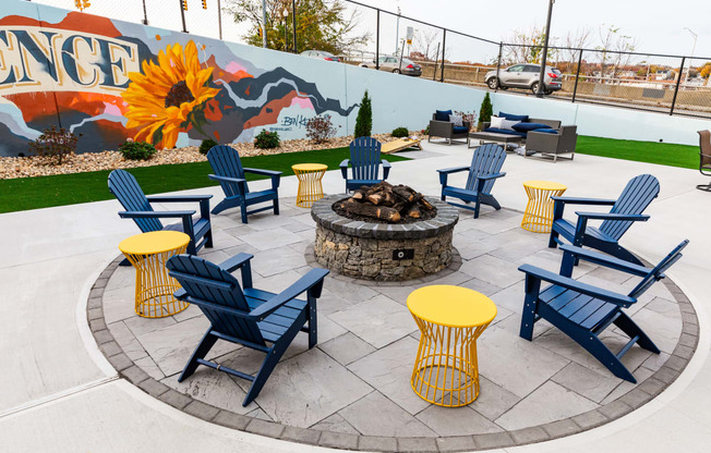 an outdoor patio with chairs and a fire pit