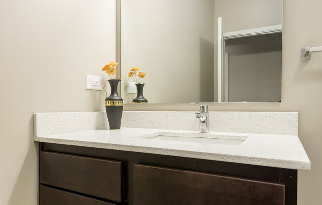 Renovated Bathrooms With Quartz Counters at AMP Apartments, PRG Real Estate, Louisville, KY, 40206