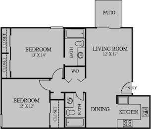 2 beds, 2 baths, 972 sqft, $1,253