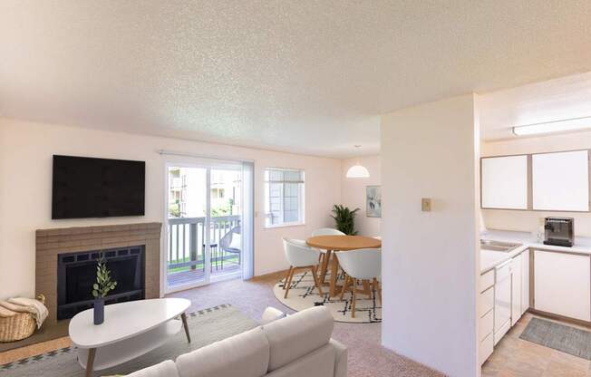 A living room with a grey couch, a white coffee table, and a fireplace.