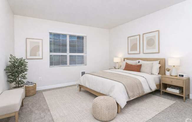 A bedroom with a large bed and a small tree.