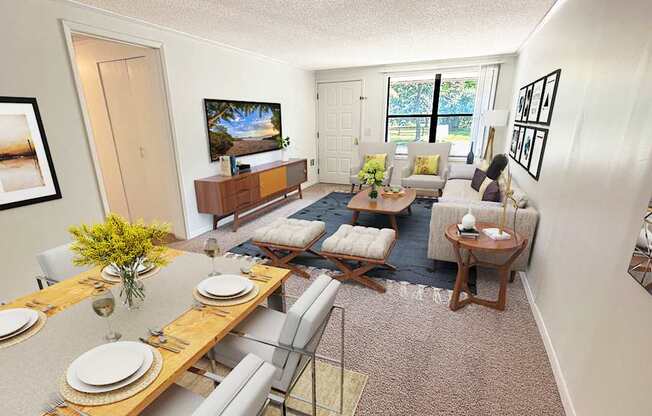 A well-lit living room with a dining table set for two.