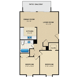 2 beds, 1 bath, 960 sqft, $1,262