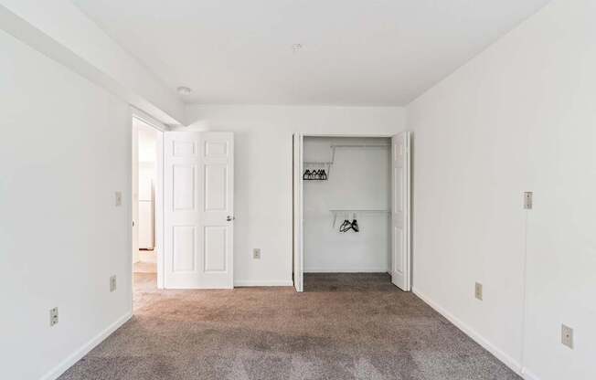 A room with white walls and a carpeted floor.