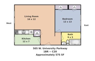 1 bed, 1 bath, 575 sqft, $1,350, Unit C20