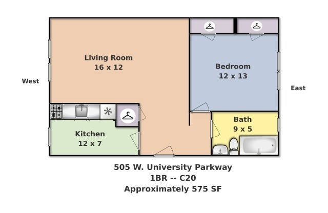 1 bed, 1 bath, 575 sqft, $1,350, Unit C20