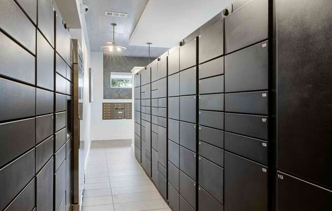 a row of lockers in a hallway of a house