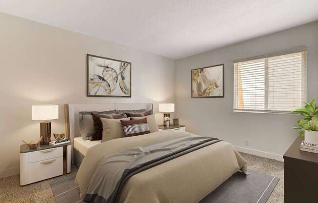 A bedroom with a large bed and two lamps on either side of it.