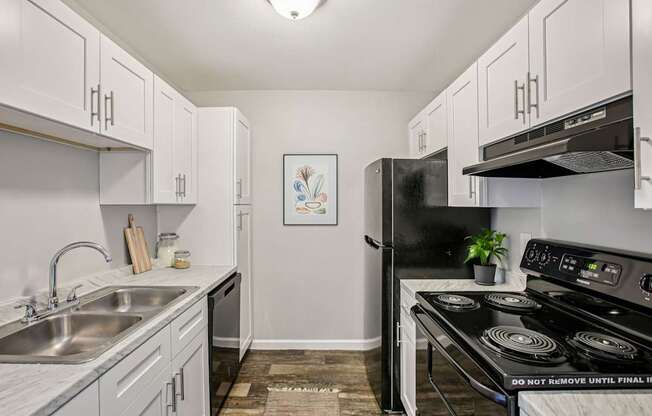 A kitchen with white cabinets and a black stove top.
