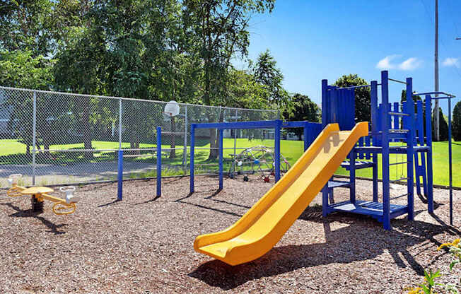 A playground with a yellow slide and a blue structure.