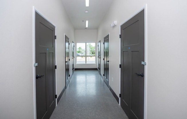 A long hallway with doors on both sides and windows in the distance.