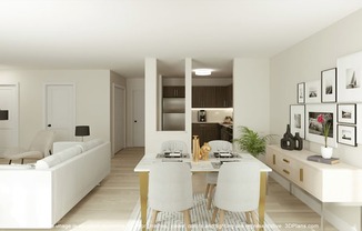 A modern living room with a white sofa, a white dining table with chairs, and a kitchen area in the background.