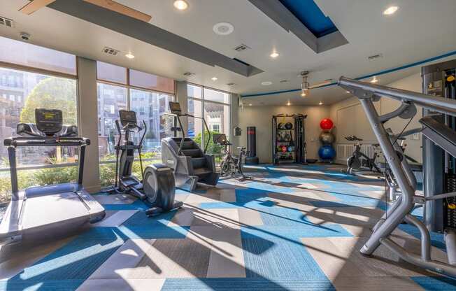 a gym with cardio machines and weights on a blue and white checkered floor