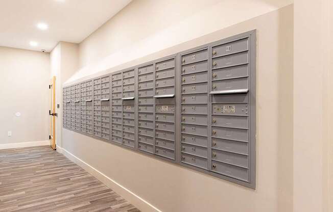 A wall of mailboxes is lined up against a wall.