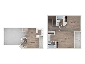 A floor plan of a house with two bedrooms and a balcony.