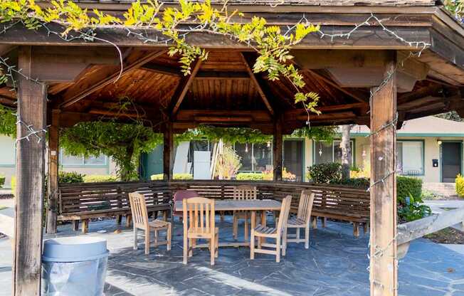 Covered patio with picnic tables at The Grove at Walnut Creek Apartments in Walnut Creek, CA.