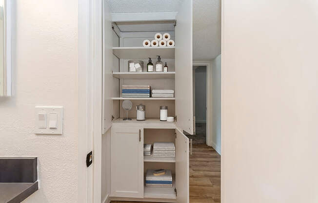 Model Bathroom Shelves at Palmilla Apartments located in San Diego, CA.