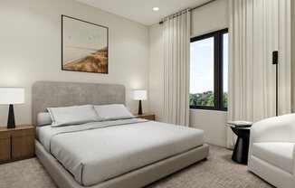 A bedroom with a large bed, a chair, and a painting on the wall.